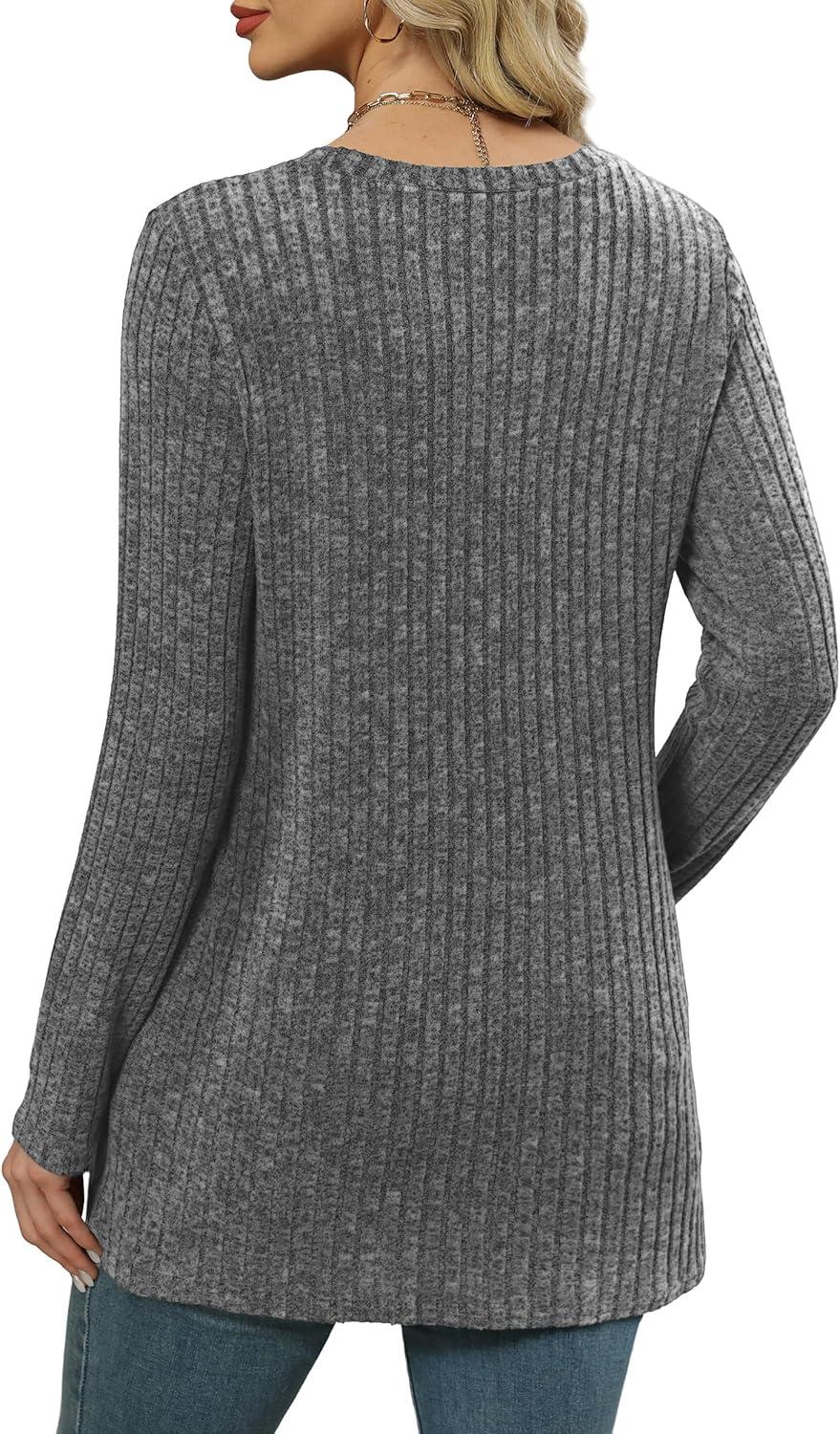 imageXIEERDUO Long Sleeve Shirts for Women Crewneck Tunic Tops Loose Fit Dressy Womens Sweaters with Pockets Fall Fashion 2025Dark Gray