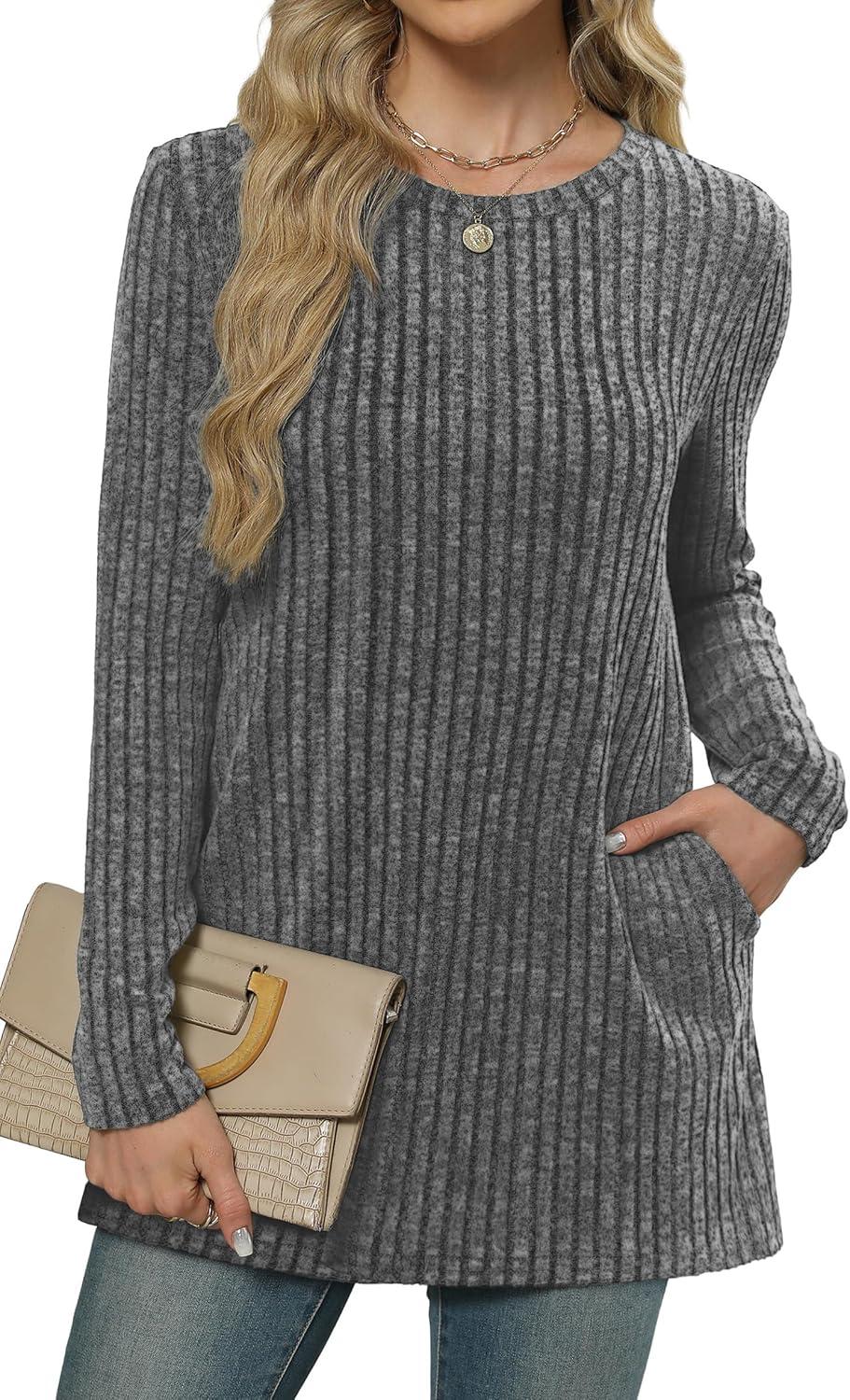 imageXIEERDUO Long Sleeve Shirts for Women Crewneck Tunic Tops Loose Fit Dressy Womens Sweaters with Pockets Fall Fashion 2025Dark Gray