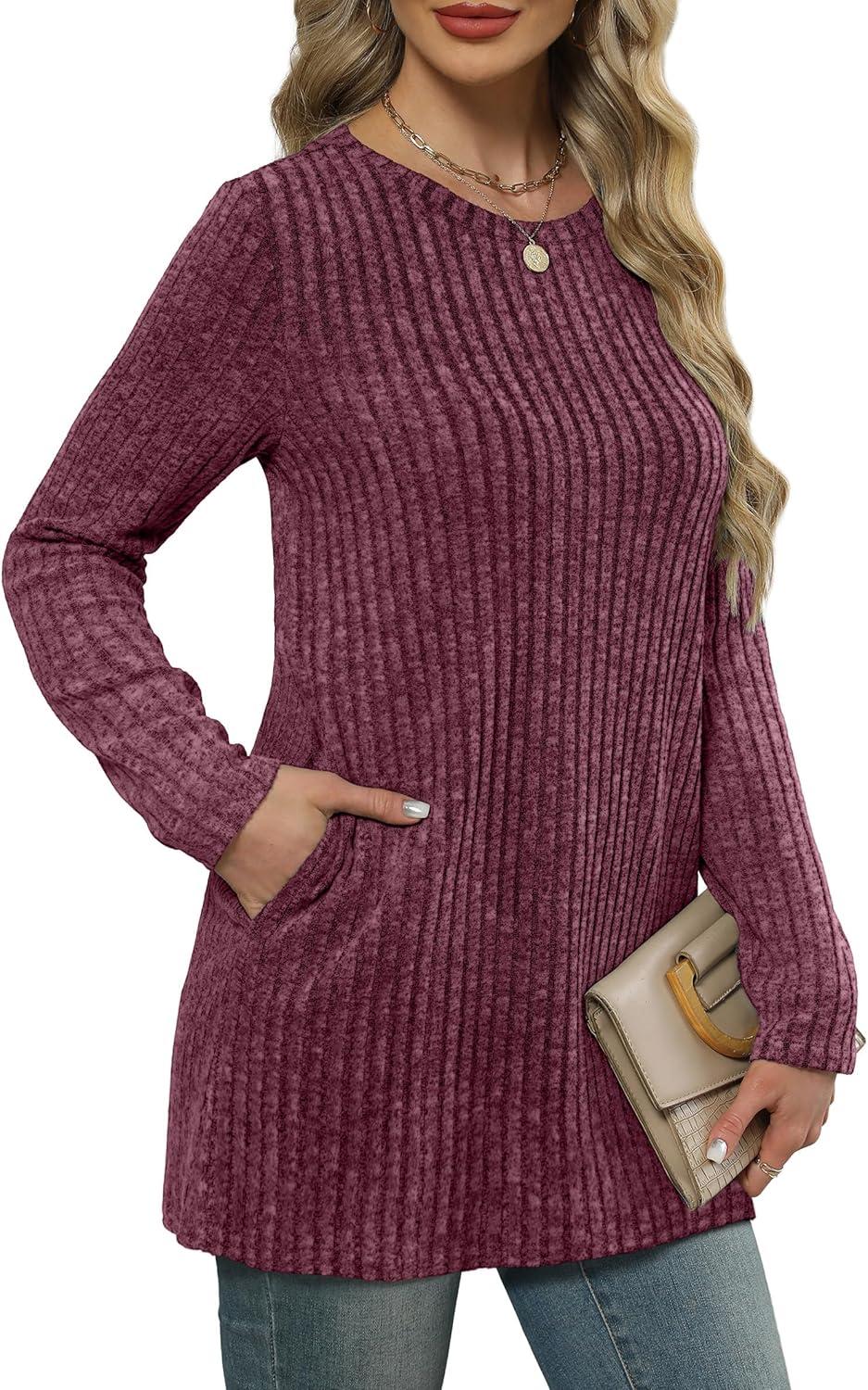 imageXIEERDUO Long Sleeve Shirts for Women Crewneck Tunic Tops Loose Fit Dressy Womens Sweaters with Pockets Fall Fashion 2025Fuchsia