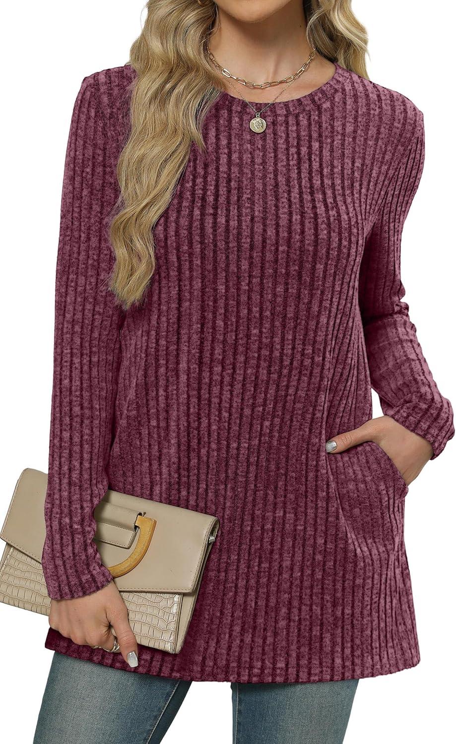 imageXIEERDUO Long Sleeve Shirts for Women Crewneck Tunic Tops Loose Fit Dressy Womens Sweaters with Pockets Fall Fashion 2025Fuchsia