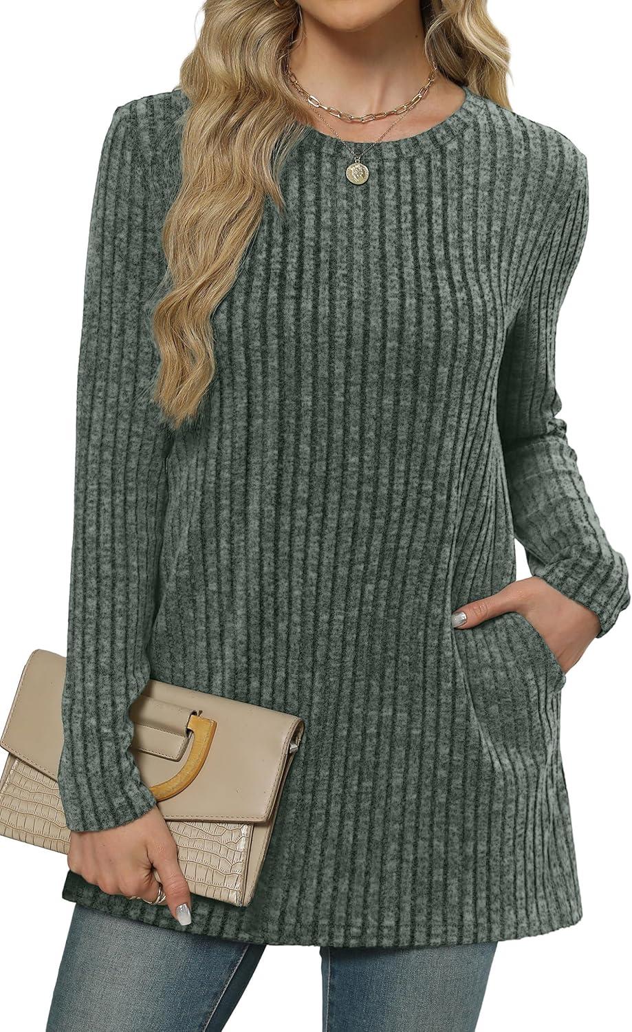 imageXIEERDUO Long Sleeve Shirts for Women Crewneck Tunic Tops Loose Fit Dressy Womens Sweaters with Pockets Fall Fashion 2025Green