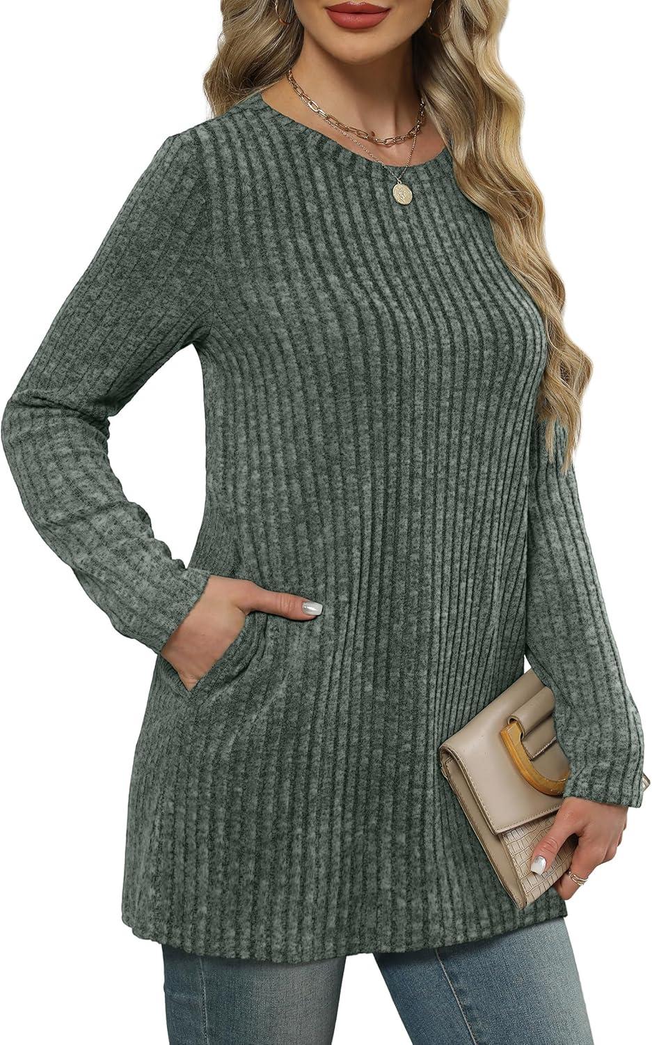 imageXIEERDUO Long Sleeve Shirts for Women Crewneck Tunic Tops Loose Fit Dressy Womens Sweaters with Pockets Fall Fashion 2025Green