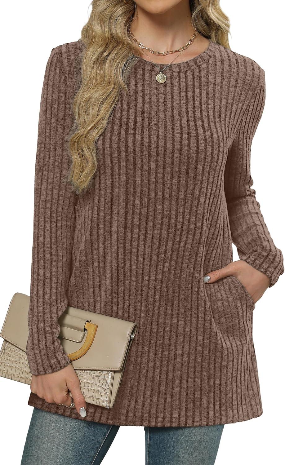 imageXIEERDUO Long Sleeve Shirts for Women Crewneck Tunic Tops Loose Fit Dressy Womens Sweaters with Pockets Fall Fashion 2025Khaki