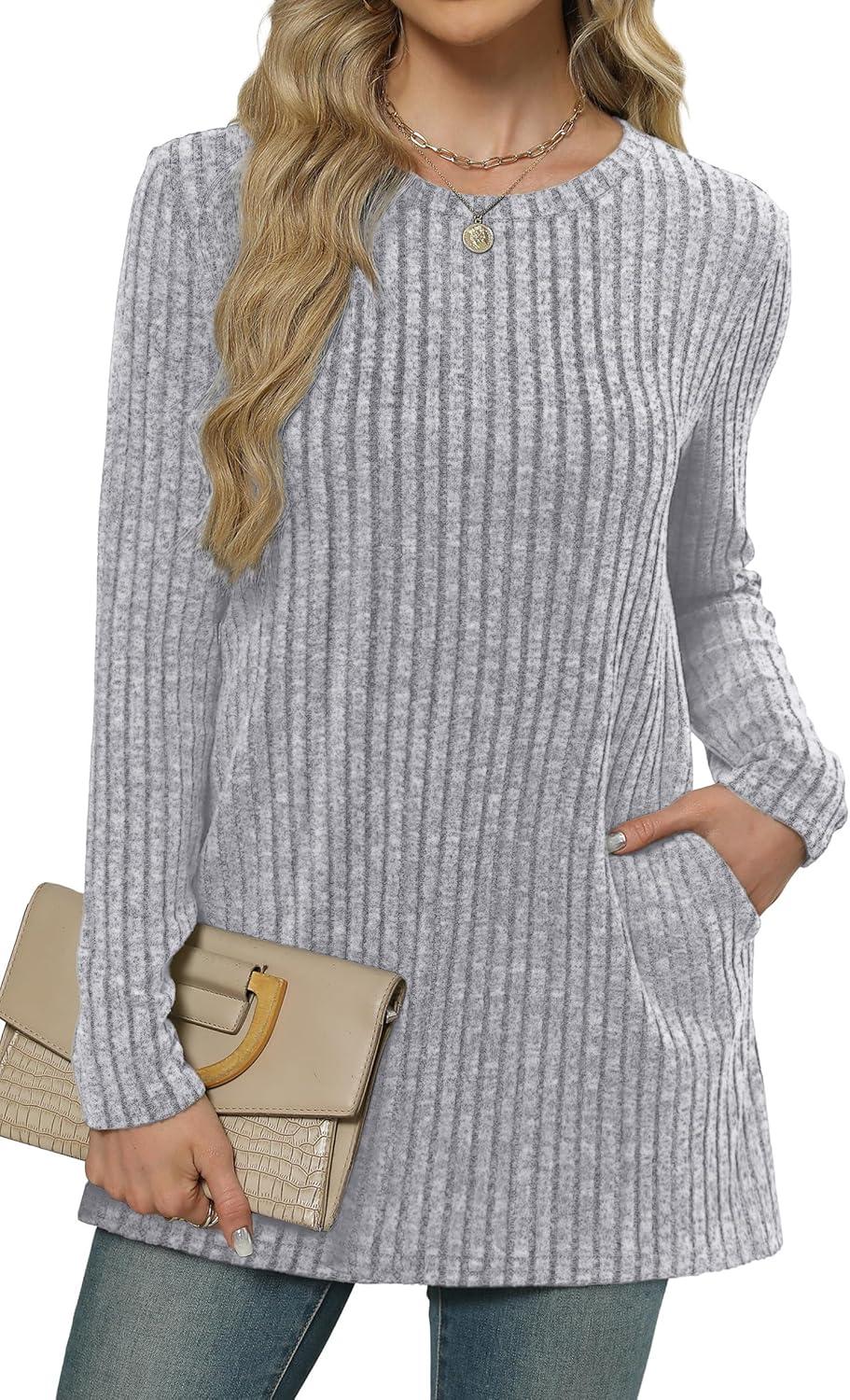 imageXIEERDUO Long Sleeve Shirts for Women Crewneck Tunic Tops Loose Fit Dressy Womens Sweaters with Pockets Fall Fashion 2025Light Gray