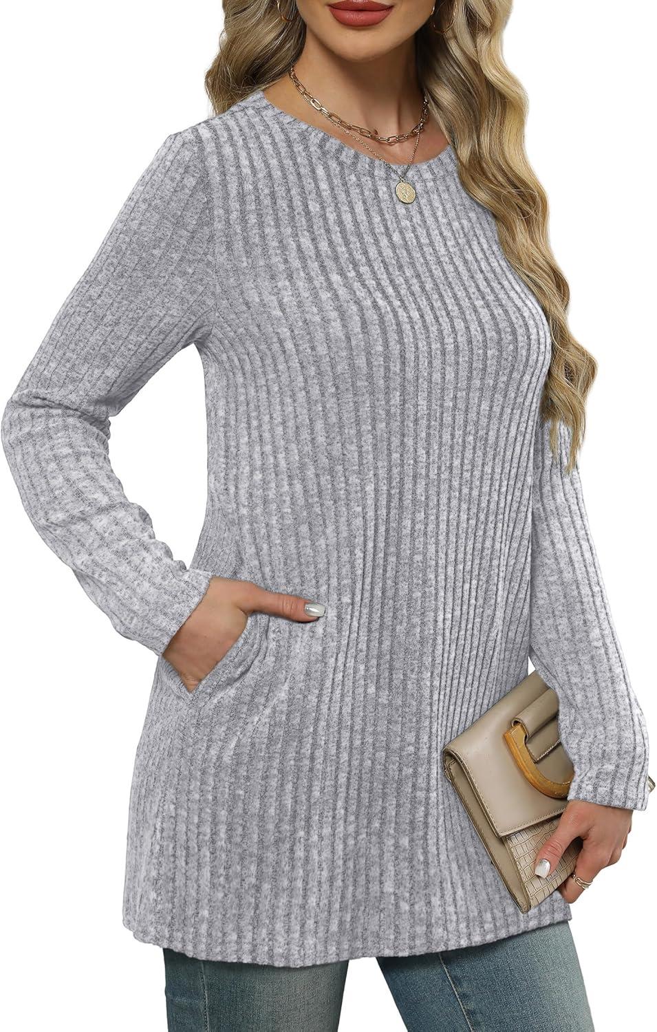 imageXIEERDUO Long Sleeve Shirts for Women Crewneck Tunic Tops Loose Fit Dressy Womens Sweaters with Pockets Fall Fashion 2025Light Gray