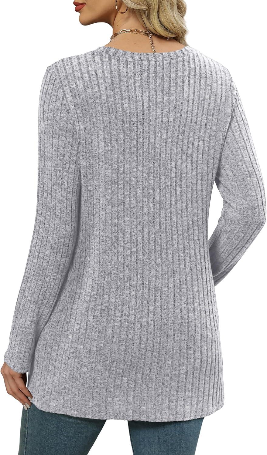 imageXIEERDUO Long Sleeve Shirts for Women Crewneck Tunic Tops Loose Fit Dressy Womens Sweaters with Pockets Fall Fashion 2025Light Gray