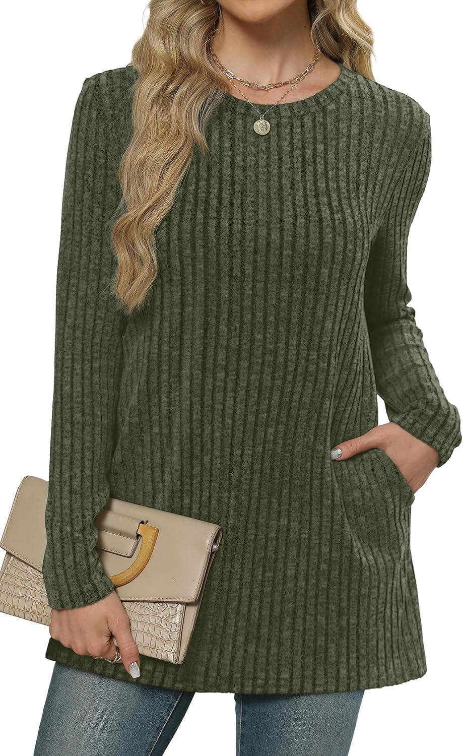 imageXIEERDUO Long Sleeve Shirts for Women Crewneck Tunic Tops Loose Fit Dressy Womens Sweaters with Pockets Fall Fashion 2025Olive Army Green