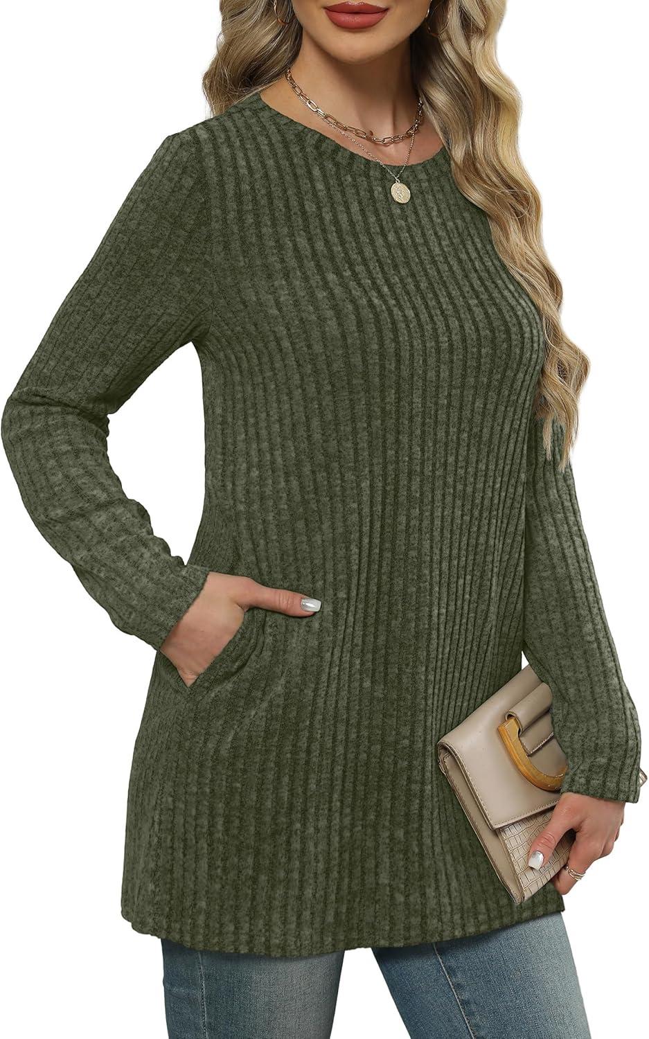 imageXIEERDUO Long Sleeve Shirts for Women Crewneck Tunic Tops Loose Fit Dressy Womens Sweaters with Pockets Fall Fashion 2025Olive Army Green