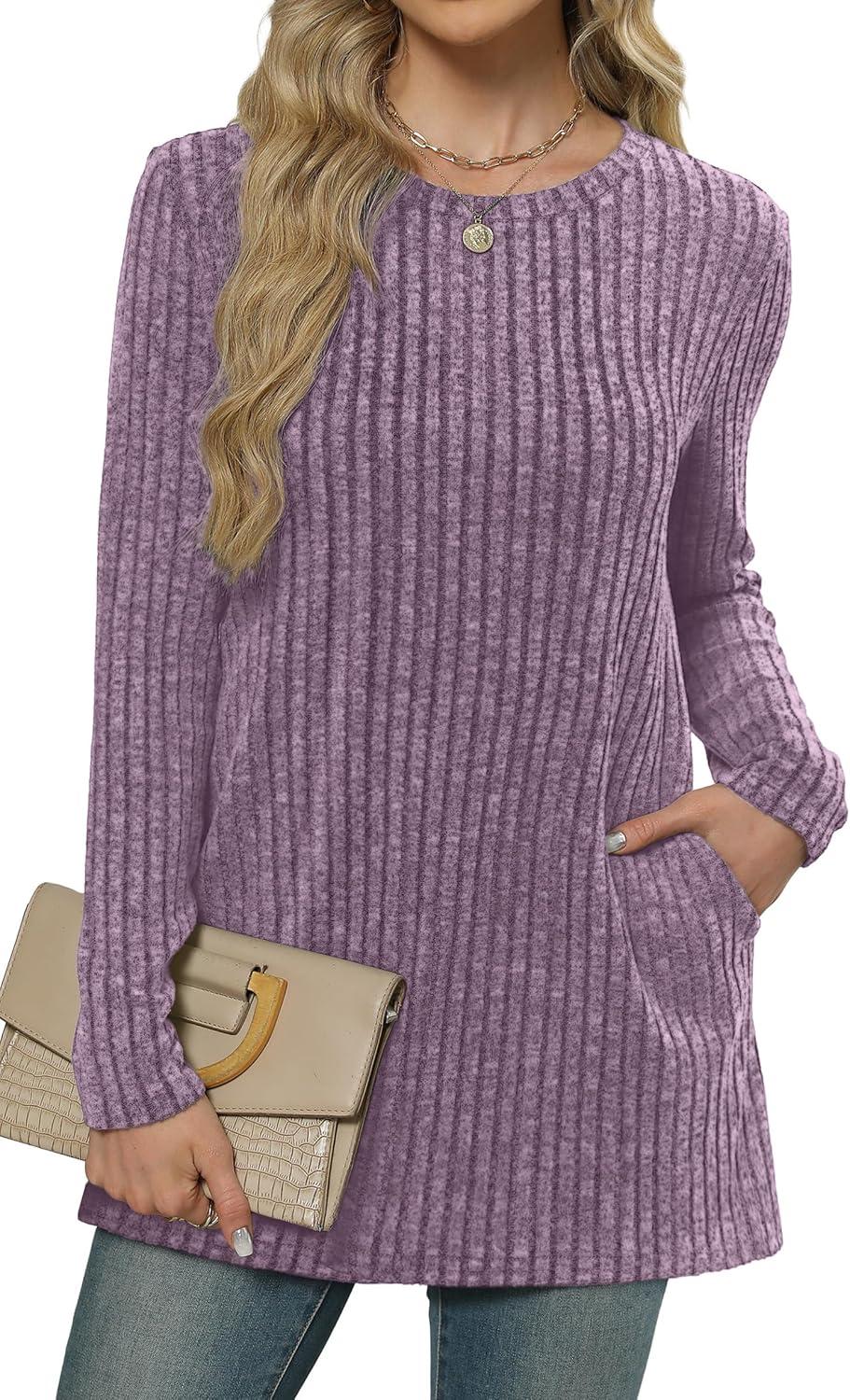 imageXIEERDUO Long Sleeve Shirts for Women Crewneck Tunic Tops Loose Fit Dressy Womens Sweaters with Pockets Fall Fashion 2025Purple