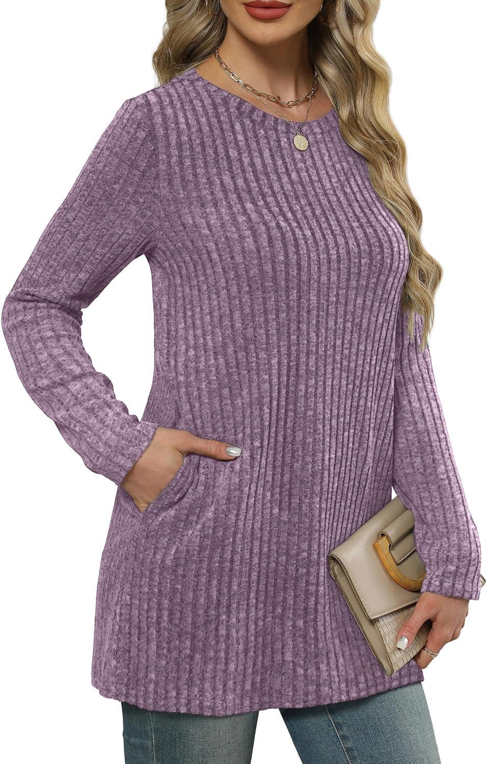 imageXIEERDUO Long Sleeve Shirts for Women Crewneck Tunic Tops Loose Fit Dressy Womens Sweaters with Pockets Fall Fashion 2025Purple