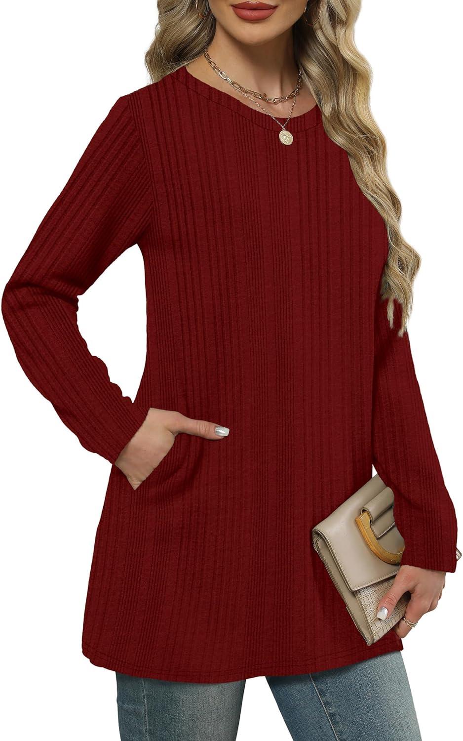 imageXIEERDUO Long Sleeve Shirts for Women Crewneck Tunic Tops Loose Fit Dressy Womens Sweaters with Pockets Fall Fashion 2025Red