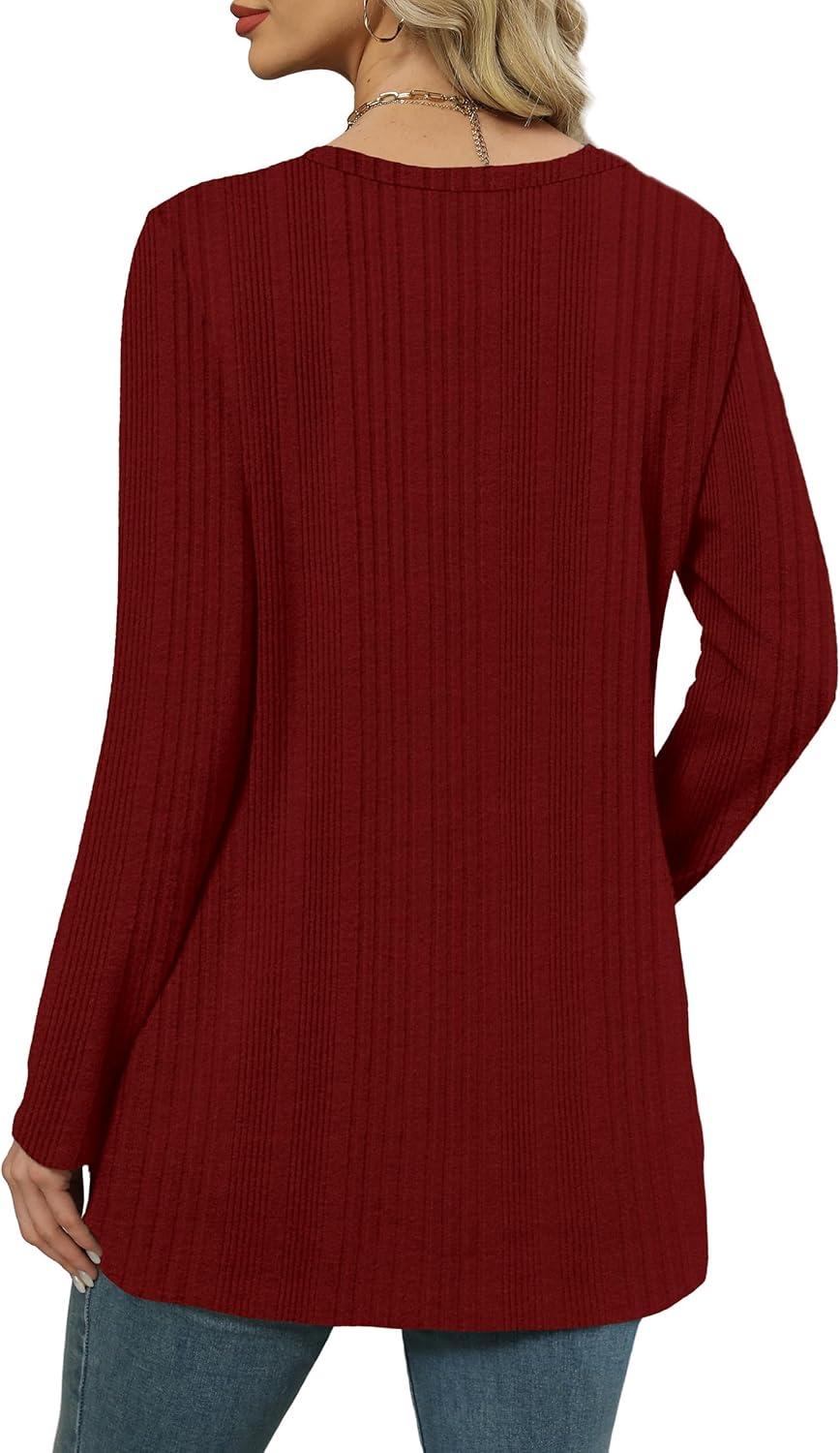 imageXIEERDUO Long Sleeve Shirts for Women Crewneck Tunic Tops Loose Fit Dressy Womens Sweaters with Pockets Fall Fashion 2025Red