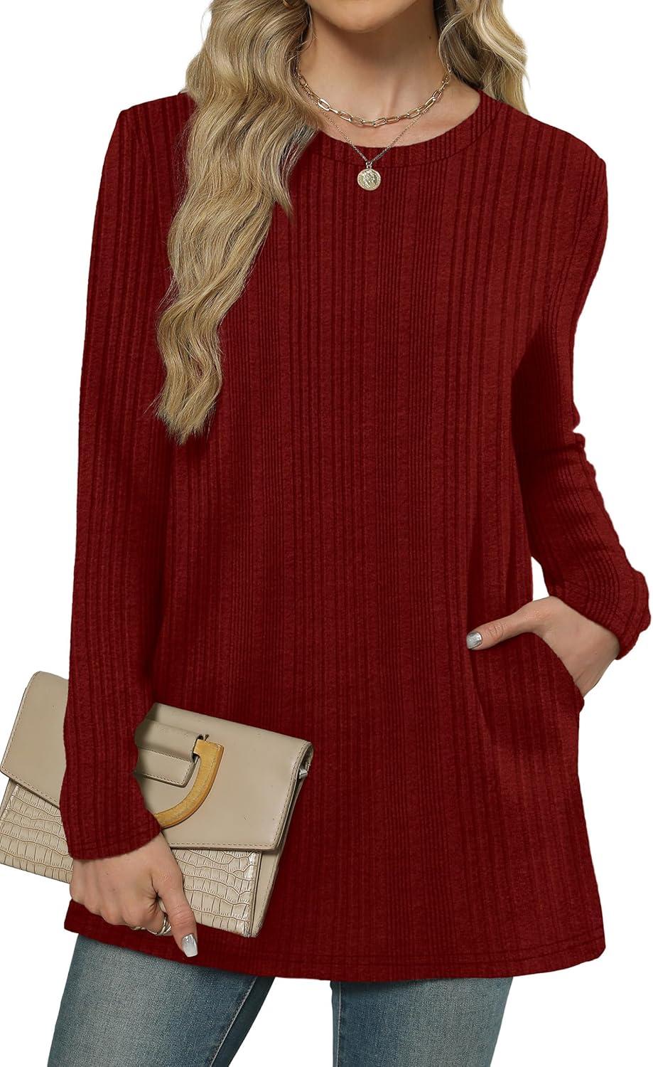 imageXIEERDUO Long Sleeve Shirts for Women Crewneck Tunic Tops Loose Fit Dressy Womens Sweaters with Pockets Fall Fashion 2025Red