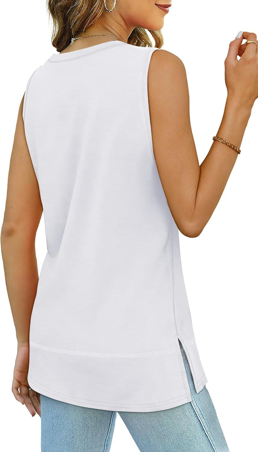 imageXIEERDUO Womens Summer Tank Tops Sleeveless Round Neck Casual Side Hem Tops Loose FitA White