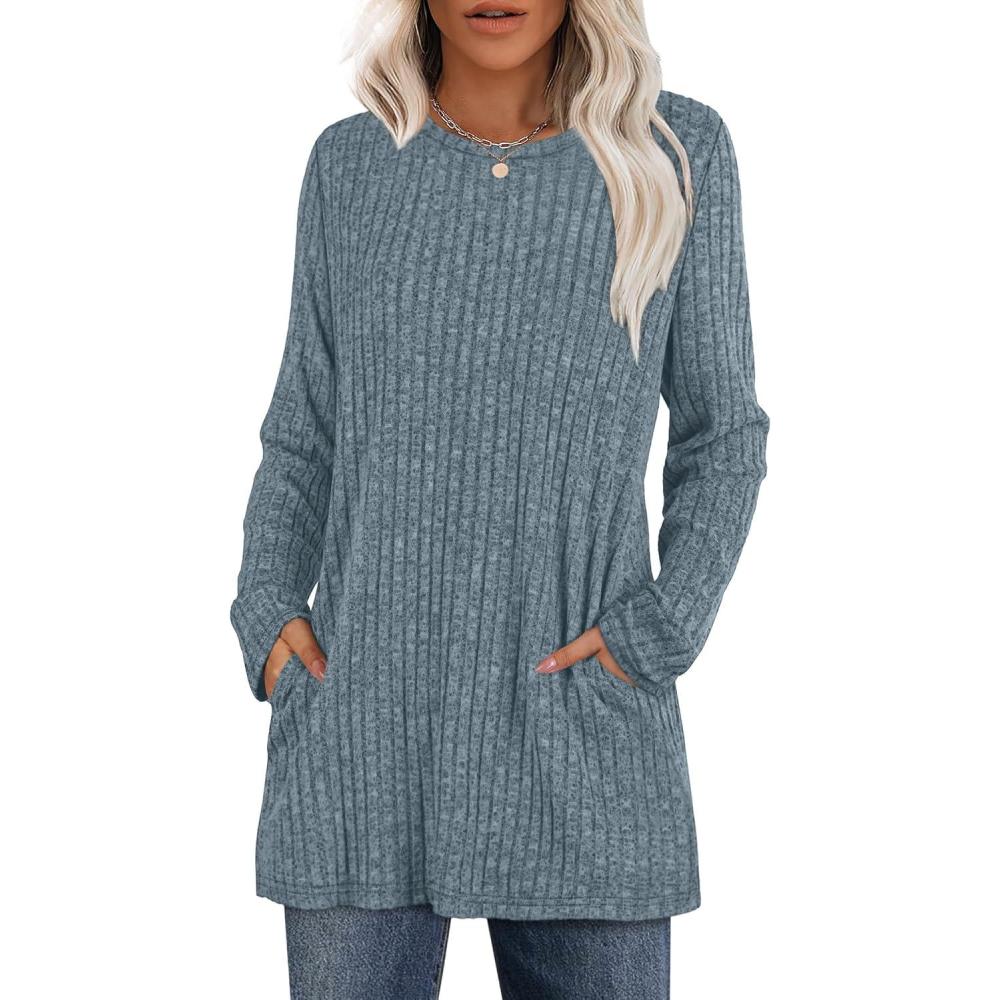 imageXIEERDUO Long Sleeve Shirts for Women Crewneck Tunic Tops Loose Fit Dressy Womens Sweaters with Pockets Fall Fashion 2025Blue