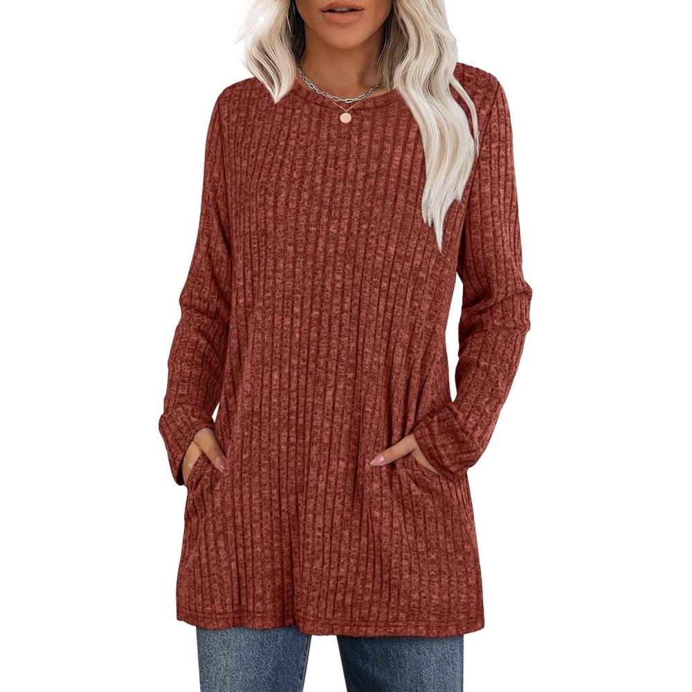 imageXIEERDUO Long Sleeve Shirts for Women Crewneck Tunic Tops Loose Fit Dressy Womens Sweaters with Pockets Fall Fashion 2025Caramel