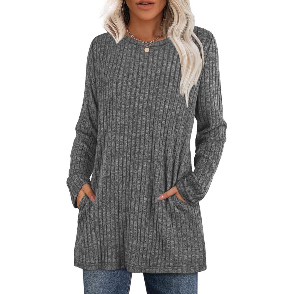 imageXIEERDUO Long Sleeve Shirts for Women Crewneck Tunic Tops Loose Fit Dressy Womens Sweaters with Pockets Fall Fashion 2025Dark Gray