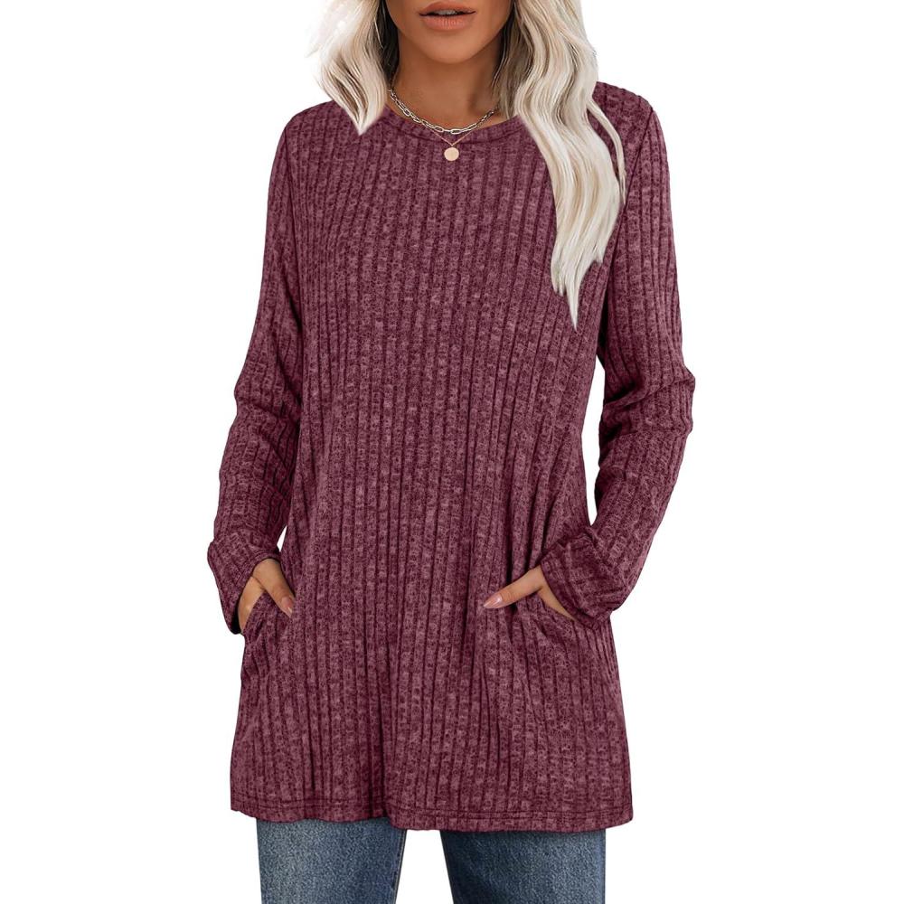 imageXIEERDUO Long Sleeve Shirts for Women Crewneck Tunic Tops Loose Fit Dressy Womens Sweaters with Pockets Fall Fashion 2025Fuchsia