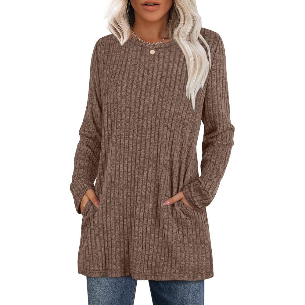 imageXIEERDUO Long Sleeve Shirts for Women Crewneck Tunic Tops Loose Fit Dressy Womens Sweaters with Pockets Fall Fashion 2025Khaki