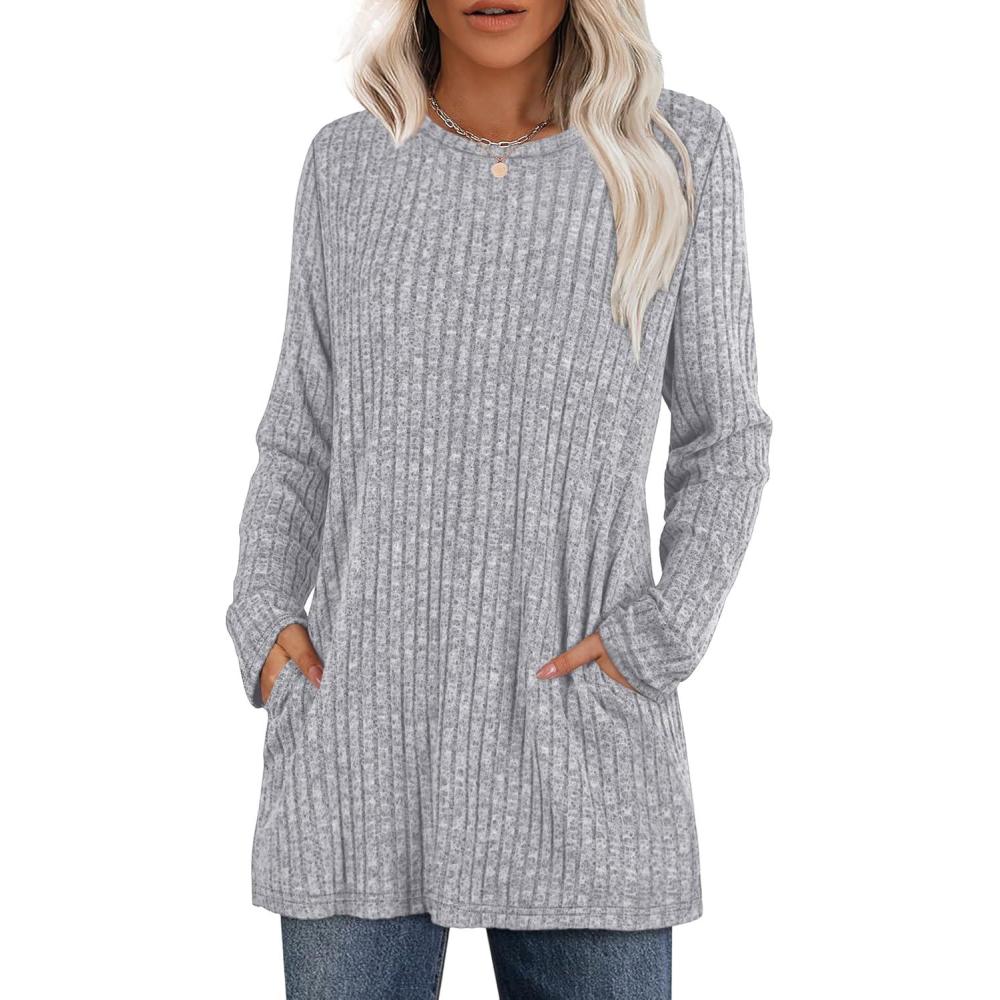 imageXIEERDUO Long Sleeve Shirts for Women Crewneck Tunic Tops Loose Fit Dressy Womens Sweaters with Pockets Fall Fashion 2025Light Gray