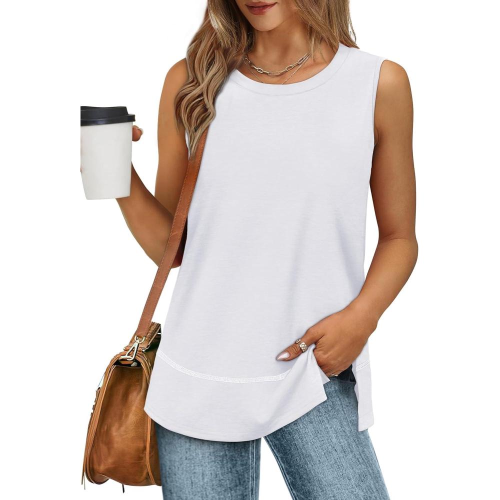 imageXIEERDUO Womens Summer Tank Tops Sleeveless Round Neck Casual Side Hem Tops Loose FitA White