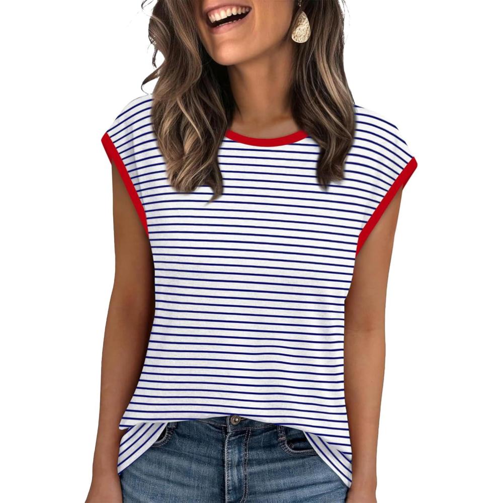 imageXIEERDUO Womens Tops Dressy Casual Summer Striped Shirts Cap Sleeve Tops Color Block Loose FitBluewhite Red