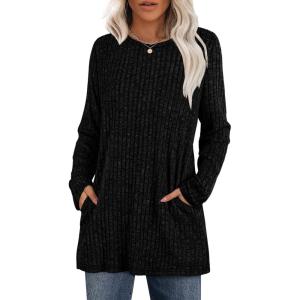 XIEERDUO Long Sleeve Shirts for Women Crewneck Tunic Tops Loose Fit Dressy Womens Sweaters with Pockets Fall Fashion 2025(Black)