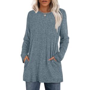 XIEERDUO Long Sleeve Shirts for Women Crewneck Tunic Tops Loose Fit Dressy Womens Sweaters with Pockets Fall Fashion 2025(Blue)