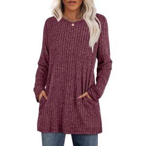 XIEERDUO Long Sleeve Shirts for Women Crewneck Tunic Tops Loose Fit Dressy Womens Sweaters with Pockets Fall Fashion 2025(Fuchsia)