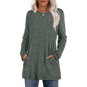 XIEERDUO Long Sleeve Shirts for Women Crewneck Tunic Tops Loose Fit Dressy Womens Sweaters with Pockets Fall Fashion 2025(Green)