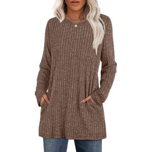 XIEERDUO Long Sleeve Shirts for Women Crewneck Tunic Tops Loose Fit Dressy Womens Sweaters with Pockets Fall Fashion 2025(Khaki)