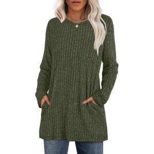 XIEERDUO Long Sleeve Shirts for Women Crewneck Tunic Tops Loose Fit Dressy Womens Sweaters with Pockets Fall Fashion 2025(Olive Army Green)