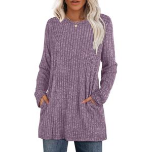 XIEERDUO Long Sleeve Shirts for Women Crewneck Tunic Tops Loose Fit Dressy Womens Sweaters with Pockets Fall Fashion 2025(Purple)