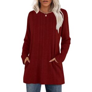 XIEERDUO Long Sleeve Shirts for Women Crewneck Tunic Tops Loose Fit Dressy Womens Sweaters with Pockets Fall Fashion 2025(Red)