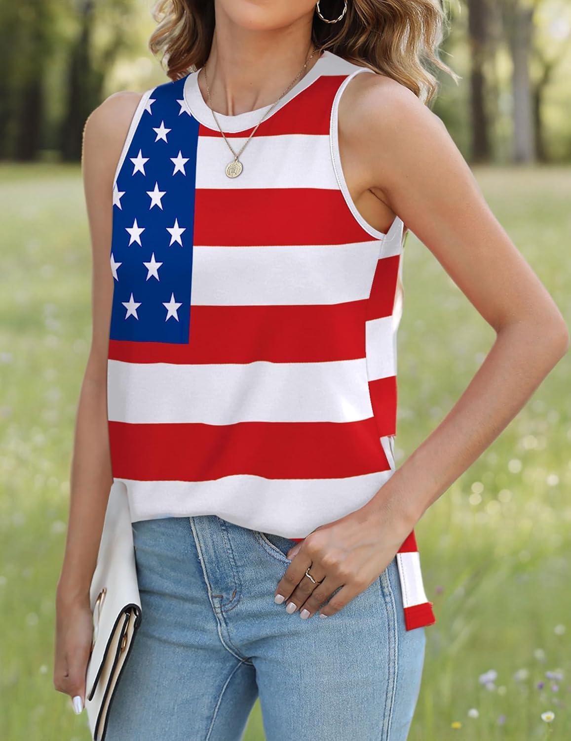 imageXIEERDUO Womens Tank Tops Crewneck Loose Fit Basic Casual Summer Side Split Sleeveless ShirtsEcwhite Flag