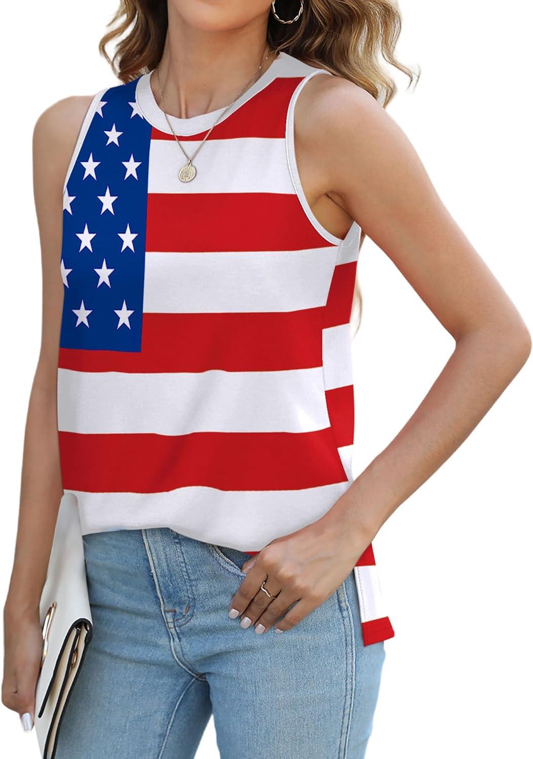 imageXIEERDUO Womens Tank Tops Crewneck Loose Fit Basic Casual Summer Side Split Sleeveless ShirtsEcwhite Flag