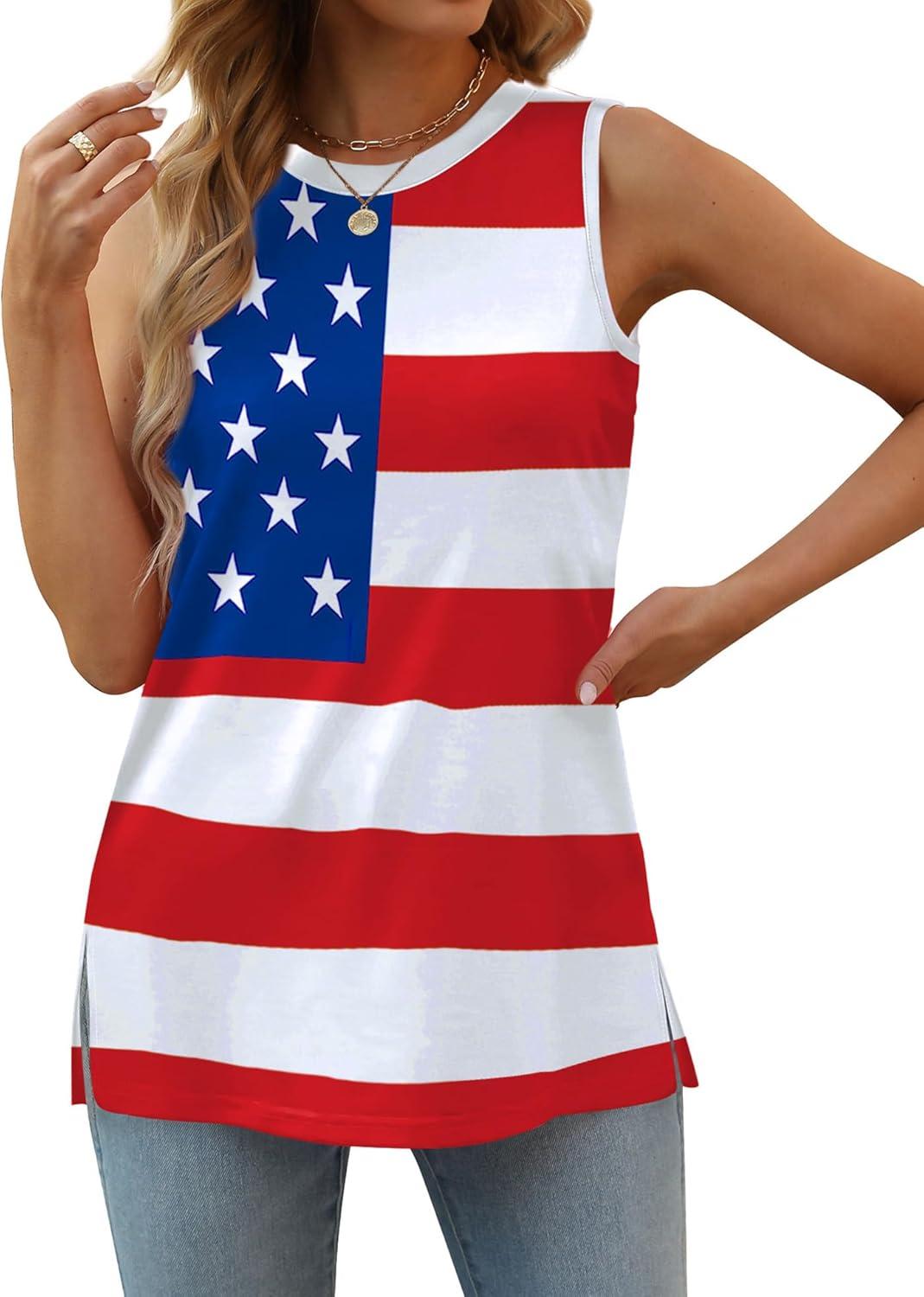 imageXIEERDUO Womens Tank Tops Crewneck Loose Fit Basic Casual Summer Side Split Sleeveless ShirtsEcwhite Flag