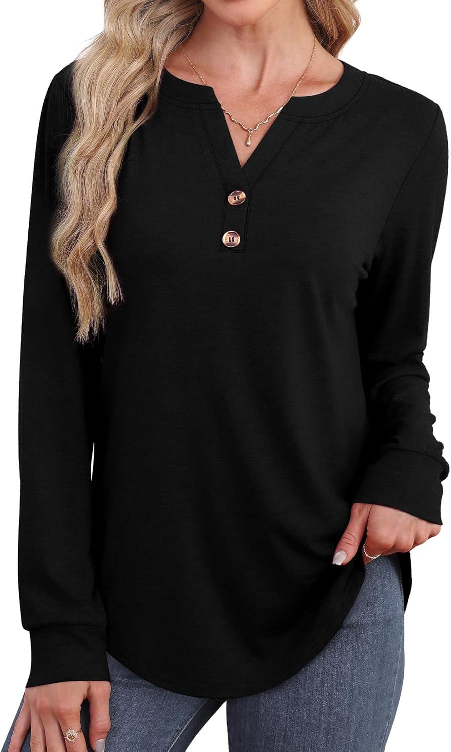 imageXIEERDUO Womens Long Sleeve Shirts Fall Tunic Tops Henley V Neck Blouses Dressy Casual 2025 Winter Trendy ClothesAblack