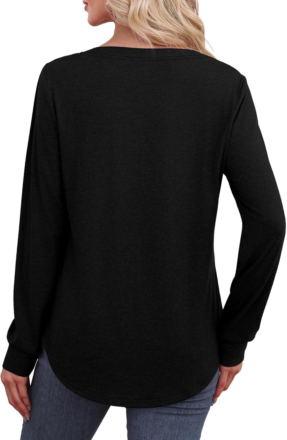 imageXIEERDUO Womens Long Sleeve Shirts Fall Tunic Tops Henley V Neck Blouses Dressy Casual 2025 Winter Trendy ClothesAblack