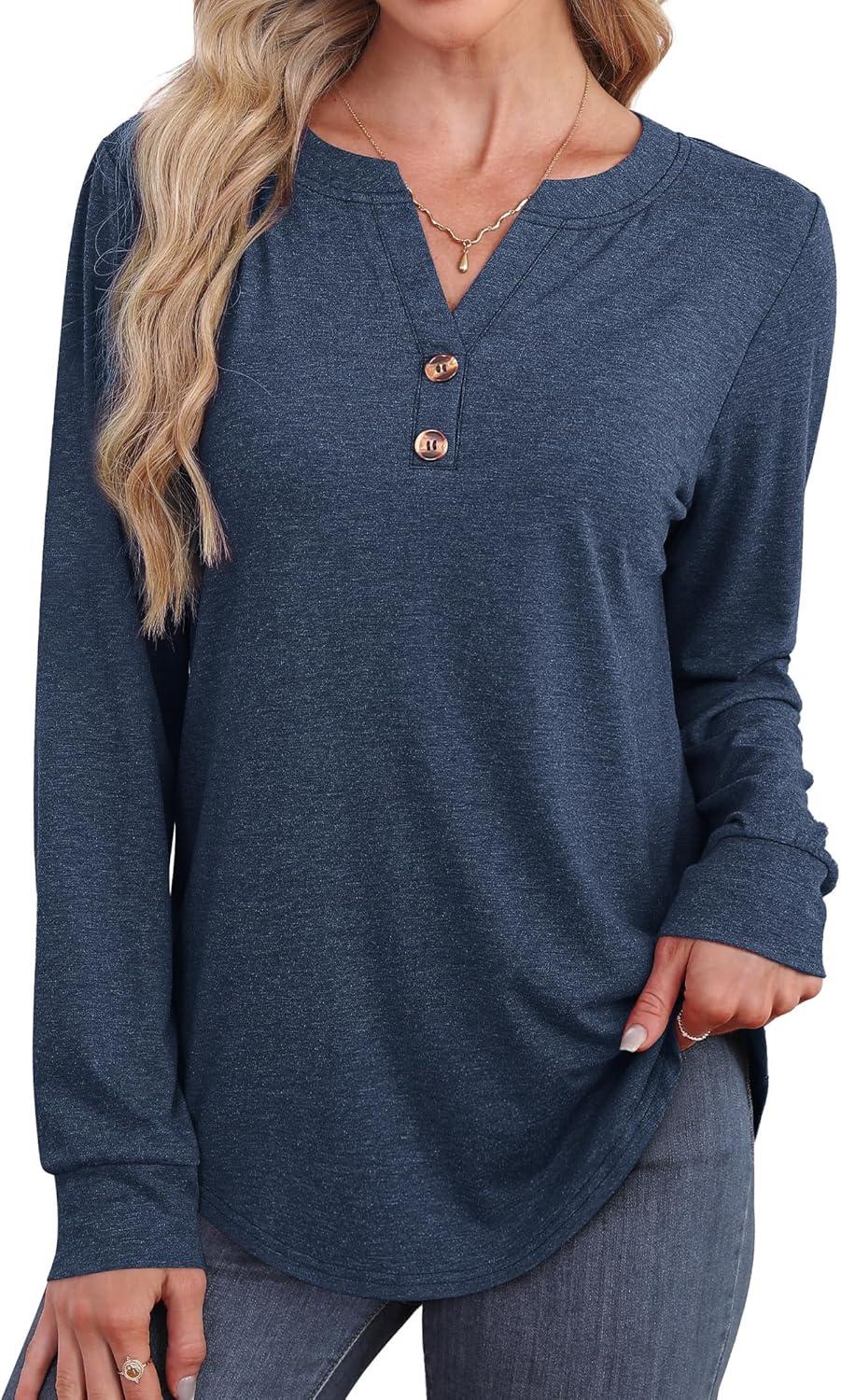 imageXIEERDUO Womens Long Sleeve Shirts Fall Tunic Tops Henley V Neck Blouses Dressy Casual 2025 Winter Trendy ClothesAblue