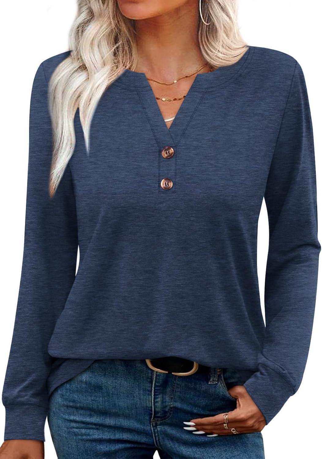 imageXIEERDUO Womens Long Sleeve Shirts Fall Tunic Tops Henley V Neck Blouses Dressy Casual 2025 Winter Trendy ClothesAblue