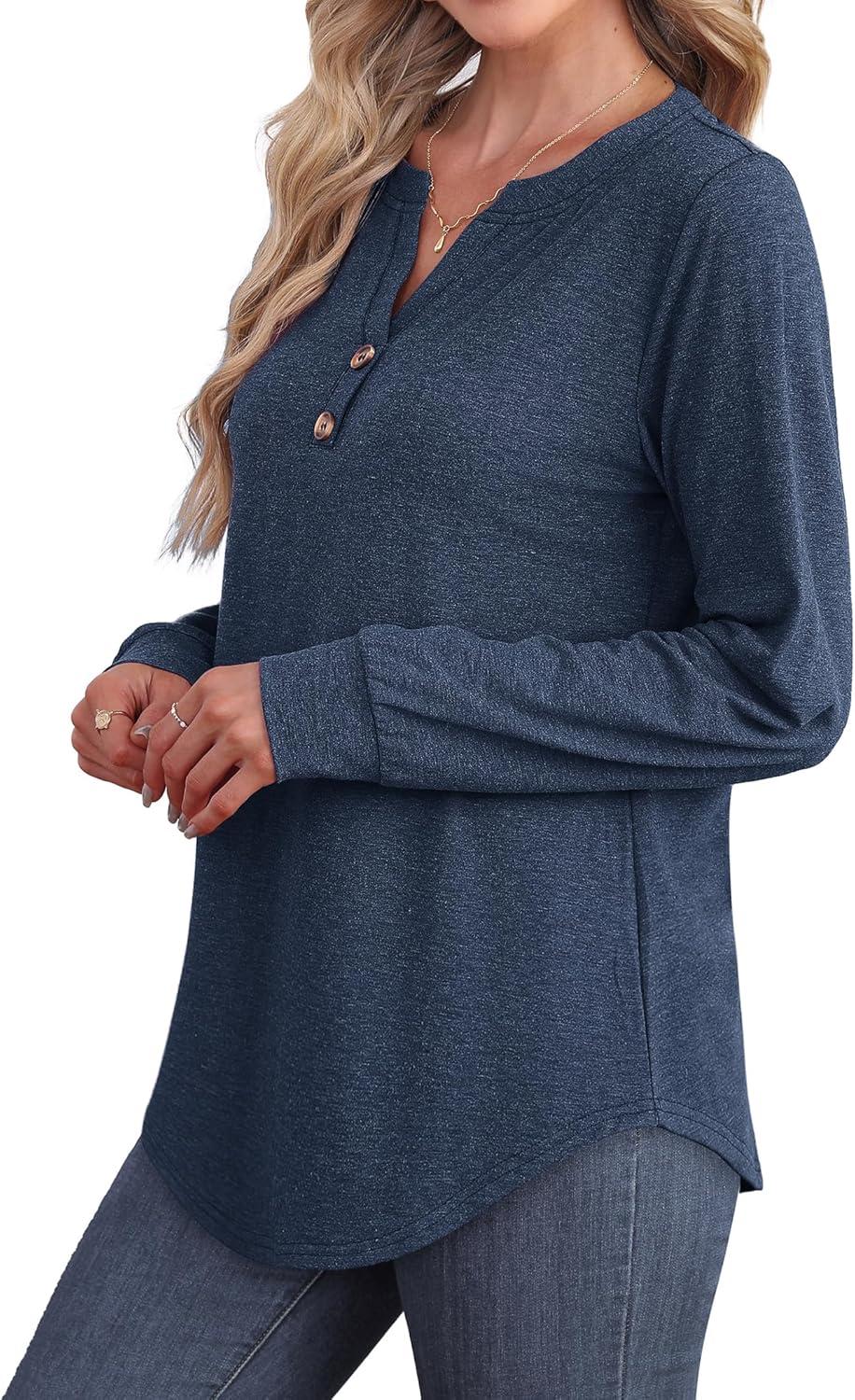 imageXIEERDUO Womens Long Sleeve Shirts Fall Tunic Tops Henley V Neck Blouses Dressy Casual 2025 Winter Trendy ClothesAblue