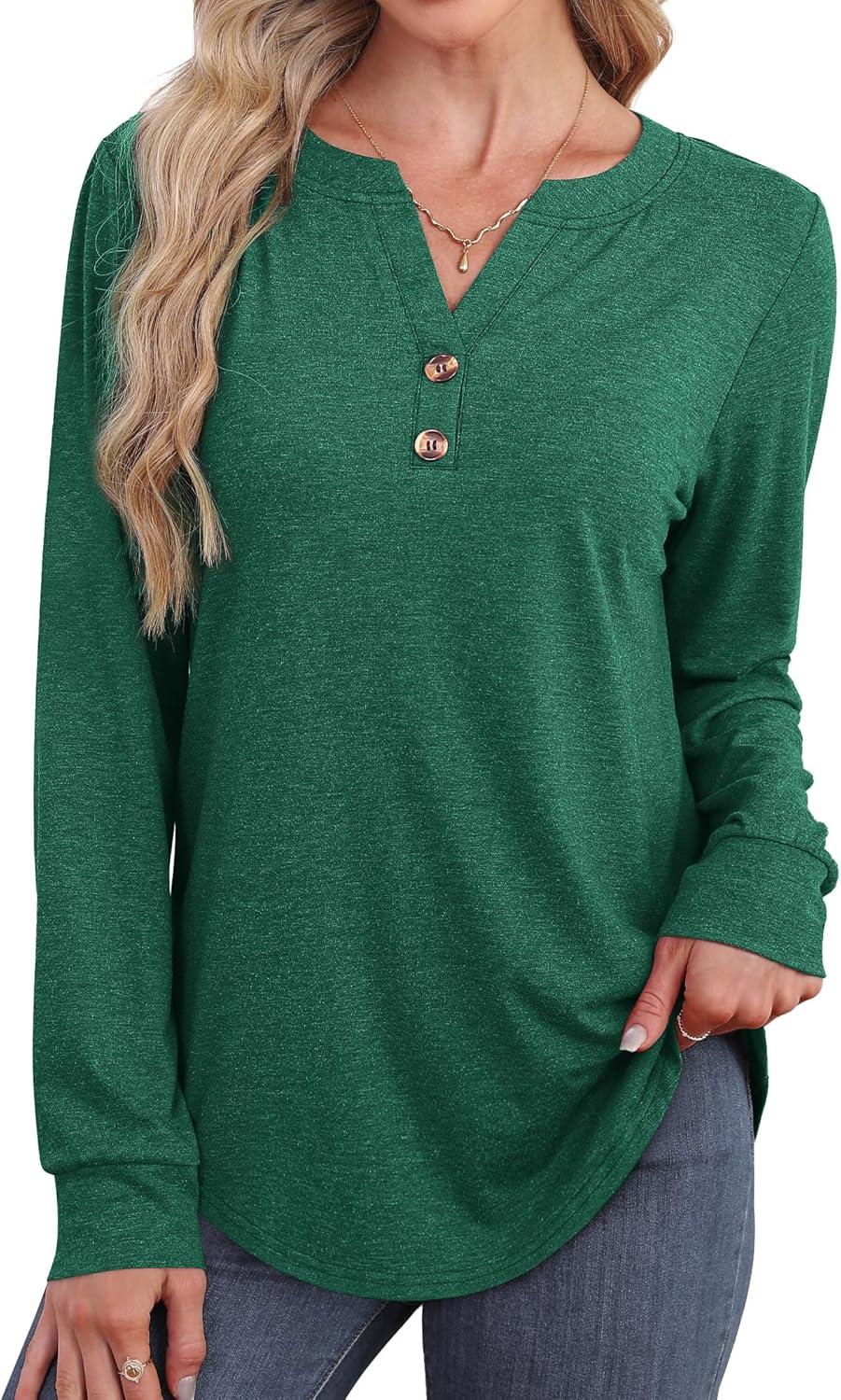 imageXIEERDUO Womens Long Sleeve Shirts Fall Tunic Tops Henley V Neck Blouses Dressy Casual 2025 Winter Trendy ClothesAgreen