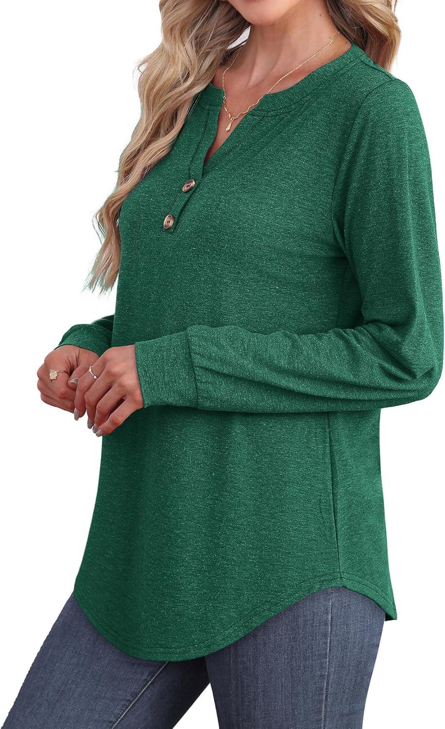 imageXIEERDUO Womens Long Sleeve Shirts Fall Tunic Tops Henley V Neck Blouses Dressy Casual 2025 Winter Trendy ClothesAgreen