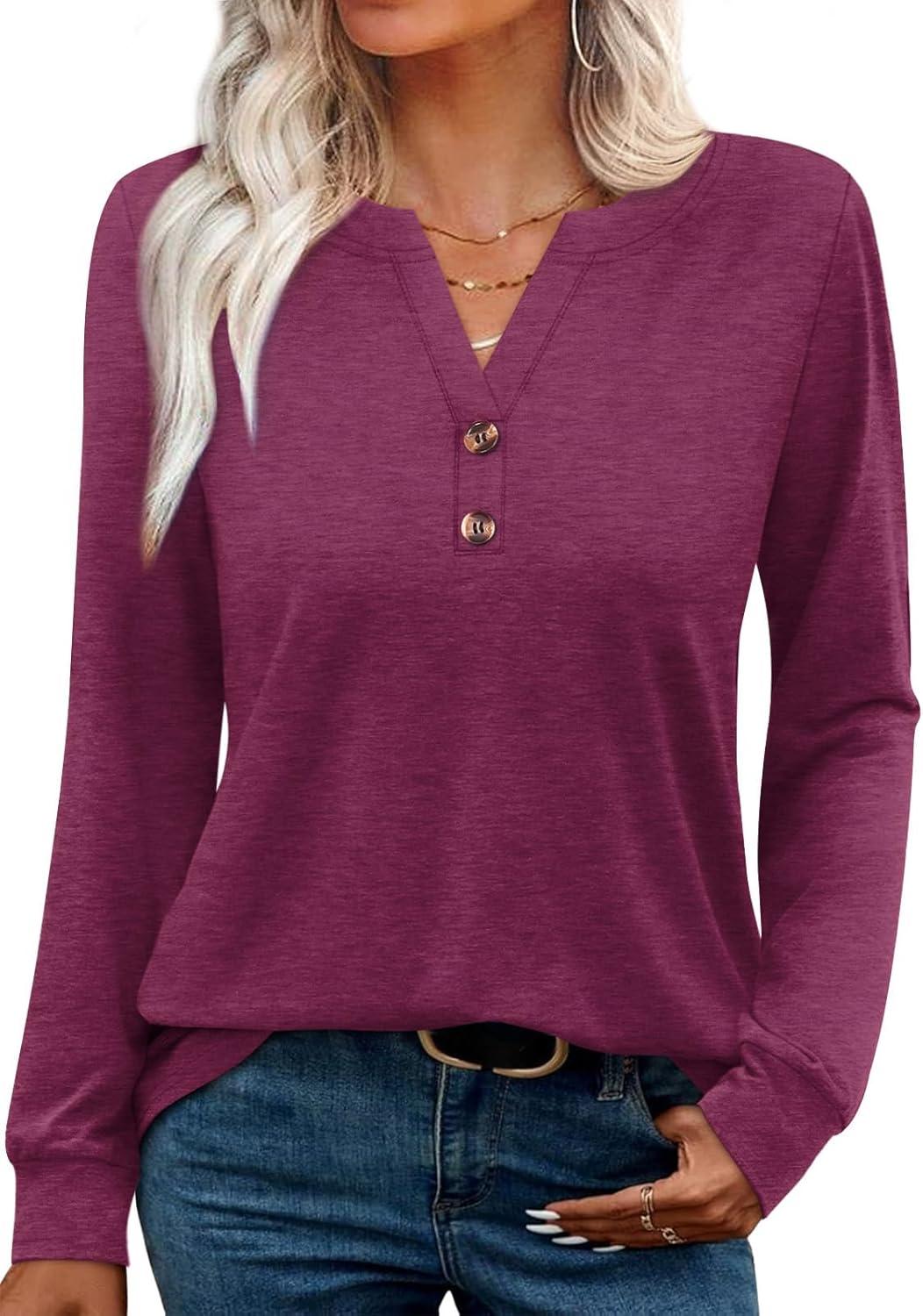 imageXIEERDUO Womens Long Sleeve Shirts Fall Tunic Tops Henley V Neck Blouses Dressy Casual 2025 Winter Trendy ClothesApurple