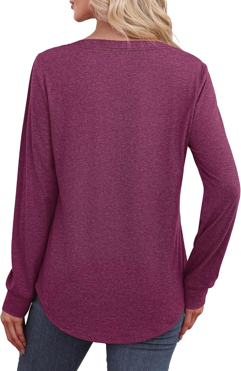 imageXIEERDUO Womens Long Sleeve Shirts Fall Tunic Tops Henley V Neck Blouses Dressy Casual 2025 Winter Trendy ClothesApurple