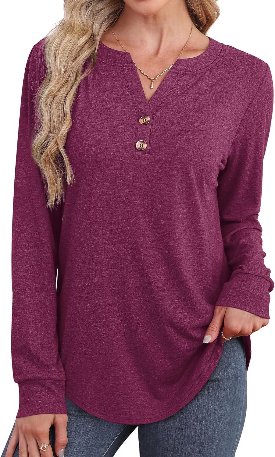imageXIEERDUO Womens Long Sleeve Shirts Fall Tunic Tops Henley V Neck Blouses Dressy Casual 2025 Winter Trendy ClothesApurple