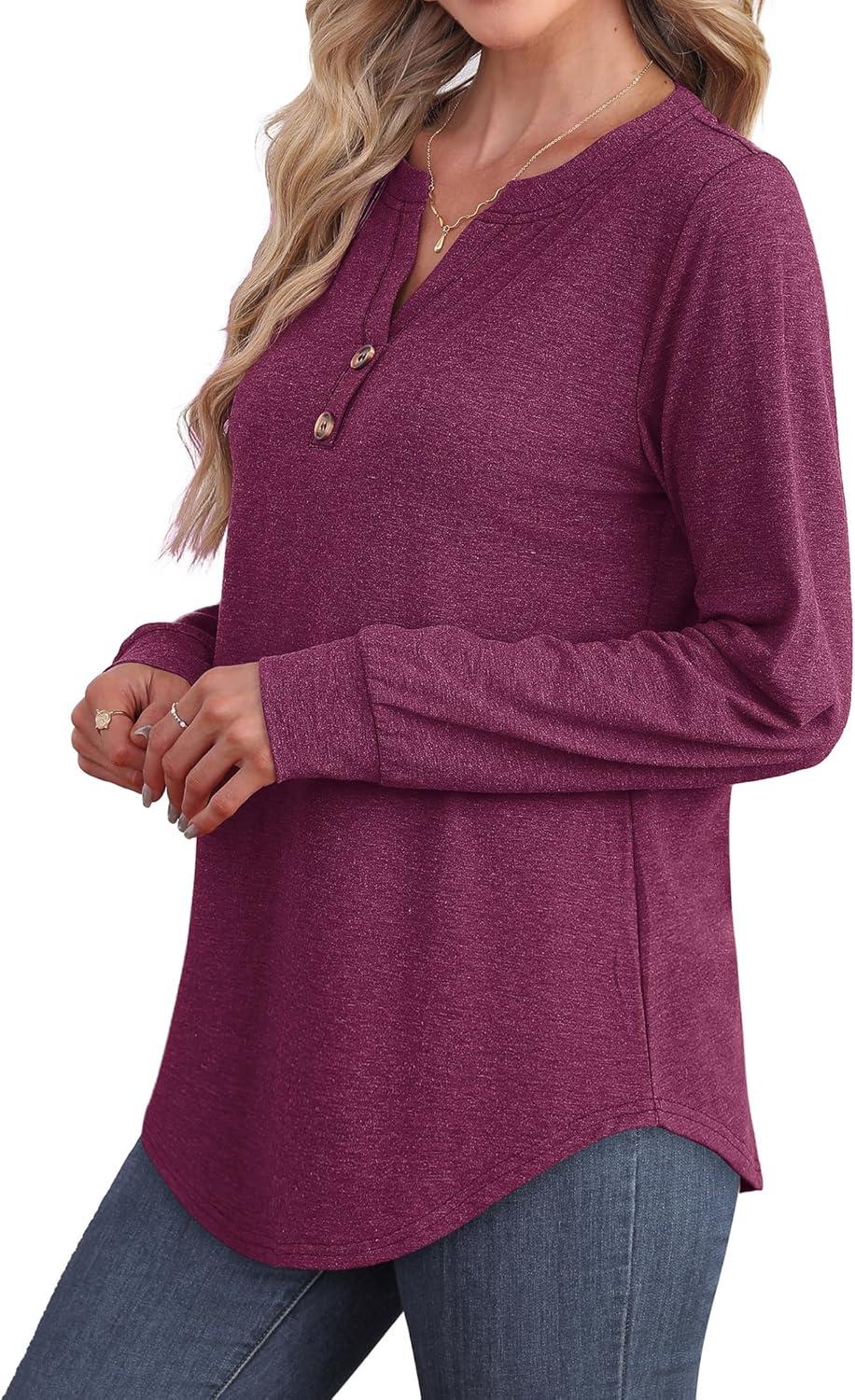 imageXIEERDUO Womens Long Sleeve Shirts Fall Tunic Tops Henley V Neck Blouses Dressy Casual 2025 Winter Trendy ClothesApurple