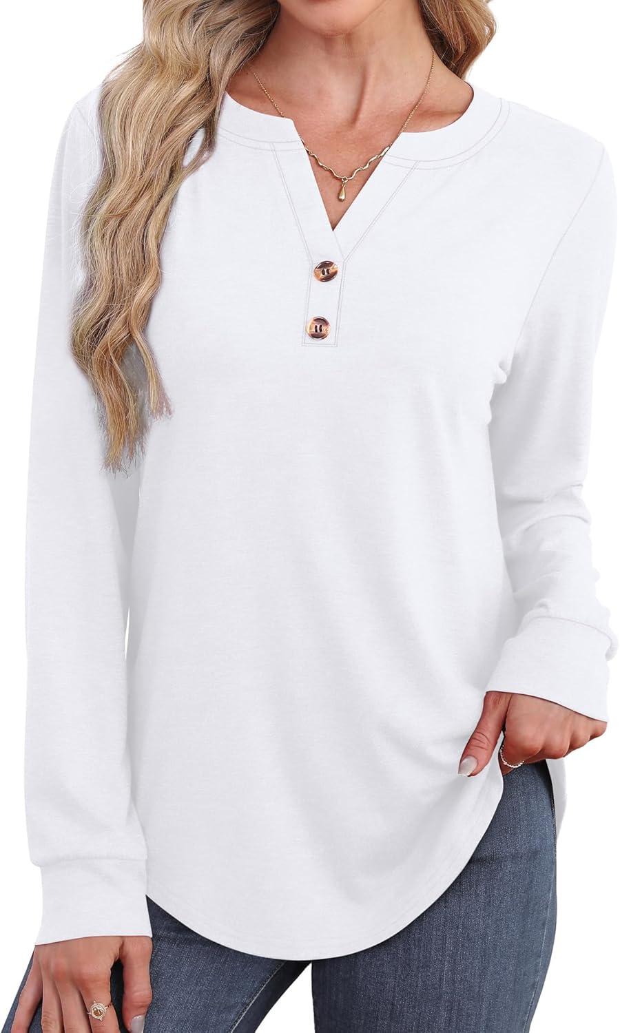 imageXIEERDUO Womens Long Sleeve Shirts Fall Tunic Tops Henley V Neck Blouses Dressy Casual 2025 Winter Trendy ClothesAwhite