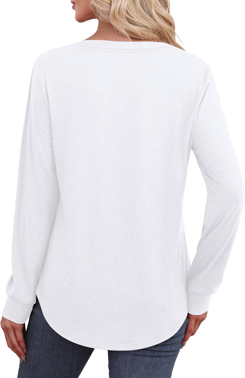 imageXIEERDUO Womens Long Sleeve Shirts Fall Tunic Tops Henley V Neck Blouses Dressy Casual 2025 Winter Trendy ClothesAwhite